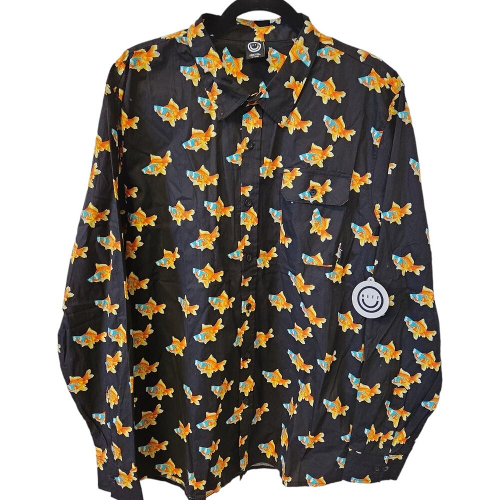 Neff Goldfish Koi Long Sleeve Button Down Black Shirt Men Extra Large NWT - Picture 2 of 8